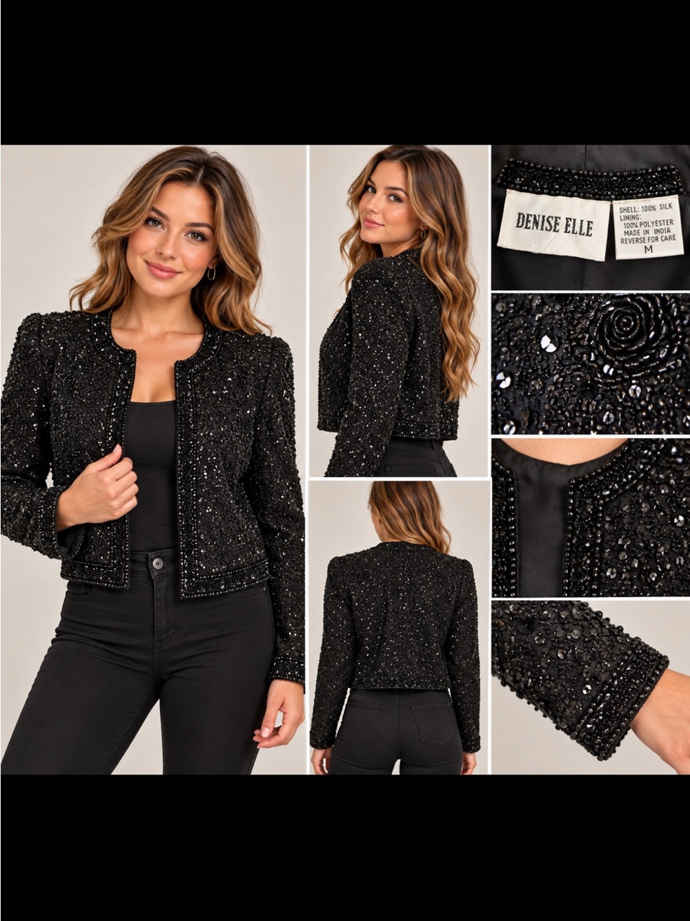 Denise Elle Women's Black Beaded Cropped Blazer - Evening Jacket